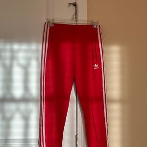 Adidas, Red, 3 Stripes Pants, Zipper By Each Ankle, Zipper Pockets. (As Is)